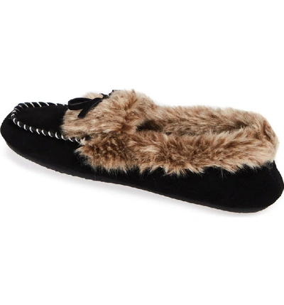 Shop Acorn Faux Fur Trim Moccasin Indoor/outdoor Slipper In Black Suede