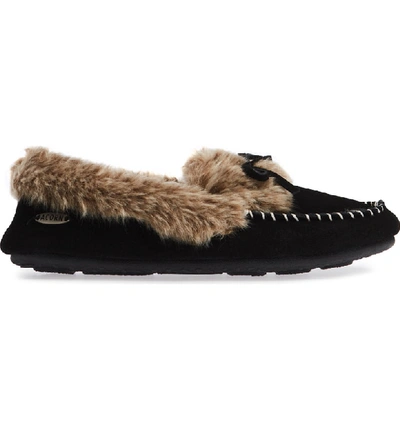 Shop Acorn Faux Fur Trim Moccasin Indoor/outdoor Slipper In Black Suede