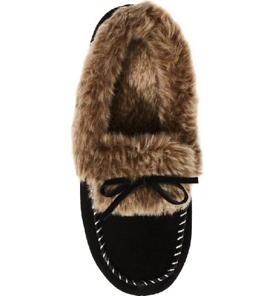 Shop Acorn Faux Fur Trim Moccasin Indoor/outdoor Slipper In Black Suede