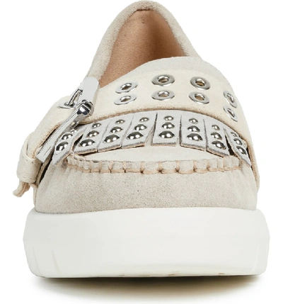 Shop Geox Wimbley Studded Kiltie Loafer In Light Taupe/ Grey Suede