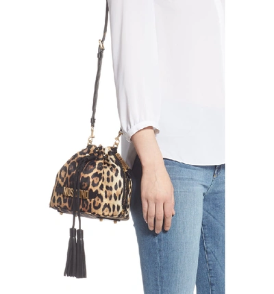 Shop Moschino Leopard Print Nylon Convertible Bucket Bag - Black