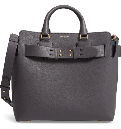 Shop Burberry Medium Belt Triple Stud Leather Tote In Charcoal Grey