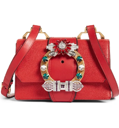 Shop Miu Miu Madras Crystal Embellished Leather Shoulder Bag - Red In Fuoco