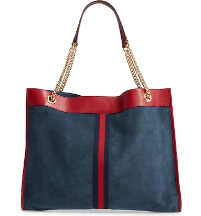 Shop Gucci Linea Tiger Ny Yankees Suede & Leather Tote - Blue In New Blue/ Cerise/ Blue Red