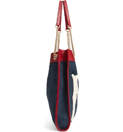 Shop Gucci Linea Tiger Ny Yankees Suede & Leather Tote - Blue In New Blue/ Cerise/ Blue Red