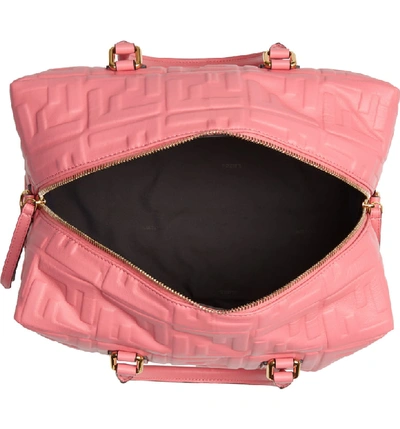 Shop Fendi Boston Logo Embossed Lambskin Leather Satchel - Pink In Rosa Fluo/ Oro Vibrant