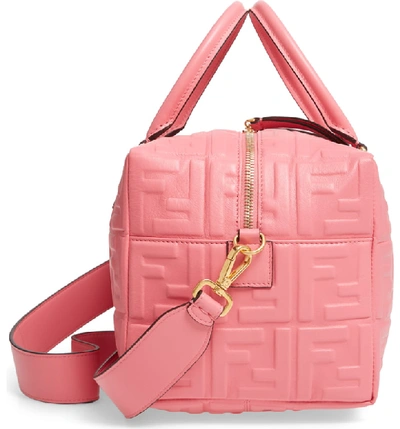 Shop Fendi Boston Logo Embossed Lambskin Leather Satchel - Pink In Rosa Fluo/ Oro Vibrant