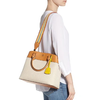 Shop Tory Burch Robinson Canvas & Leather Triple Compartment Bag - Beige In Natural/ Croissant