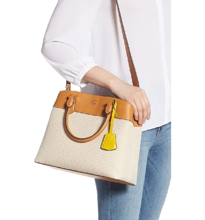 Shop Tory Burch Robinson Canvas & Leather Triple Compartment Bag - Beige In Natural/ Croissant