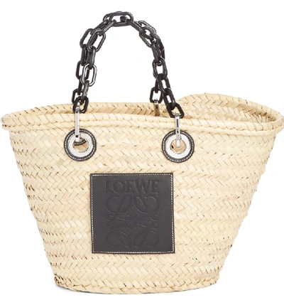 Shop Loewe Chain Handle Woven Palm Market Basket In Natural/ Black