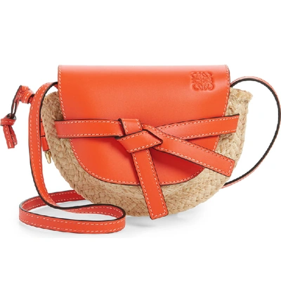 Shop Loewe Gate Mini Leather & Raffia Crossbody Bag In Orange/ Natural