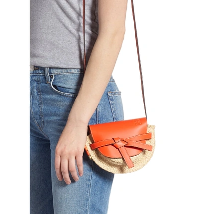 Shop Loewe Gate Mini Leather & Raffia Crossbody Bag In Orange/ Natural