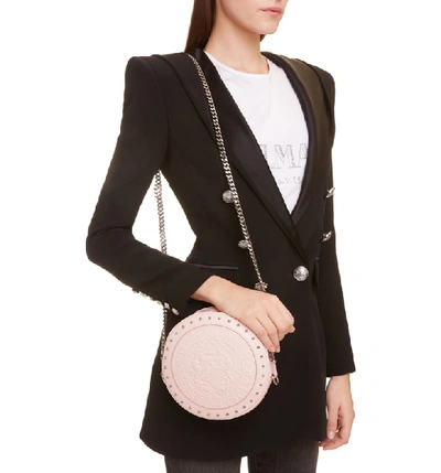Shop Balmain Disco Embossed Calfskin Leather Crossbody Bag In Rose Pale