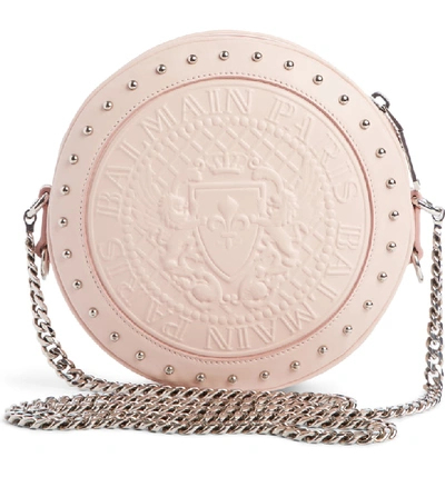 Shop Balmain Disco Embossed Calfskin Leather Crossbody Bag In Rose Pale