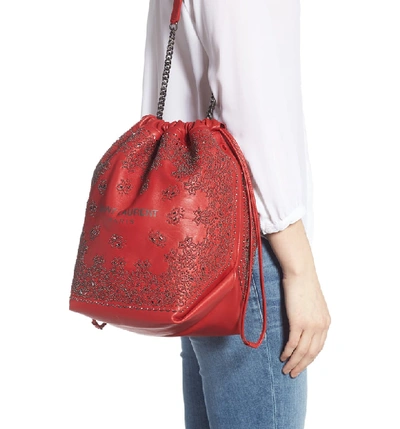 Shop Saint Laurent Teddy Bandana Studded Leather Bucket Bag - Red In Bandana Red