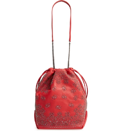Shop Saint Laurent Teddy Bandana Studded Leather Bucket Bag - Red In Bandana Red