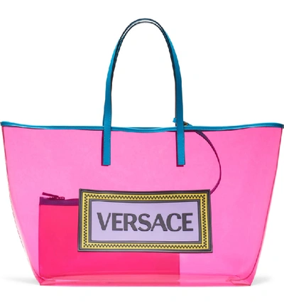 Versace 90's Vintage Logo Soft Tote In Pink Clear Vinyl