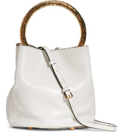 Shop Marni Hammered Handle Leather Bucket Bag In Lily White