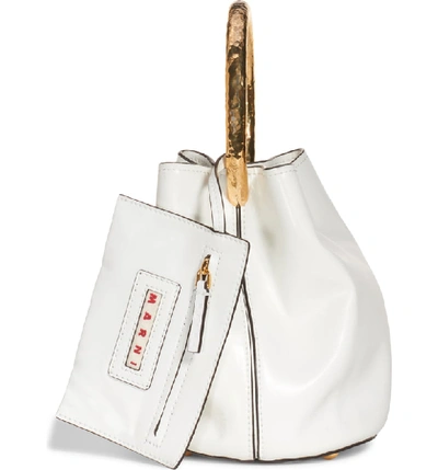 Shop Marni Hammered Handle Leather Bucket Bag In Lily White