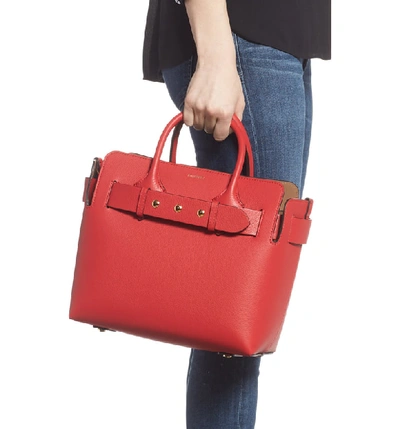 Shop Burberry Small Belt Triple Stud Leather Satchel In Bright Military Red