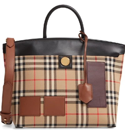 Shop Burberry Small Society Vintage Check Canvas & Leather Top Handle Bag - Beige In Archive Beige