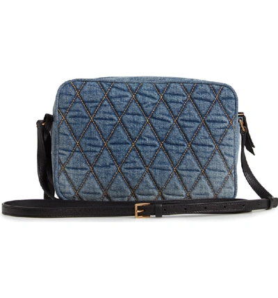 Shop Saint Laurent Lou Embroidered Denim Camera Bag In Blue Jean/ Taba/ Multi