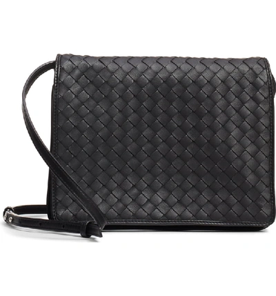 Shop Bottega Veneta Intrecciato Leather Crossbody Flap Bag - Black In Nero/ Nero/ Silver