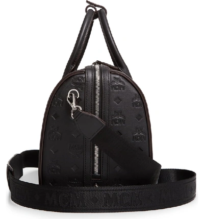 Shop Mcm Essential Boston Monogram Leather Satchel In Black