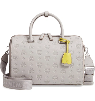 Shop Mcm Essential Boston Monogram Leather Satchel - Grey In Dove