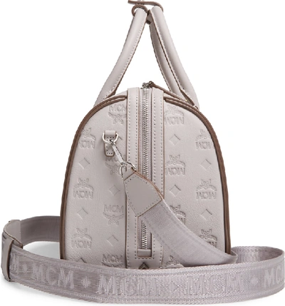 Shop Mcm Essential Boston Monogram Leather Satchel - Grey In Dove
