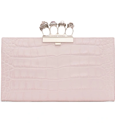 Shop Alexander Mcqueen Four-ring Knuckle Clasp Croc Embossed Leather Clutch - Pink In Pale Rose
