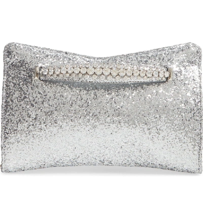 Shop Jimmy Choo Galactica Glitter Clutch With Crystal Bracelet Handle In Silver