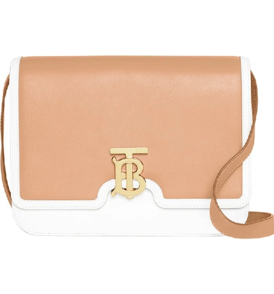 Shop Burberry Medium Two-tone Leather Tb Bag In Chalk White/ Light Camel