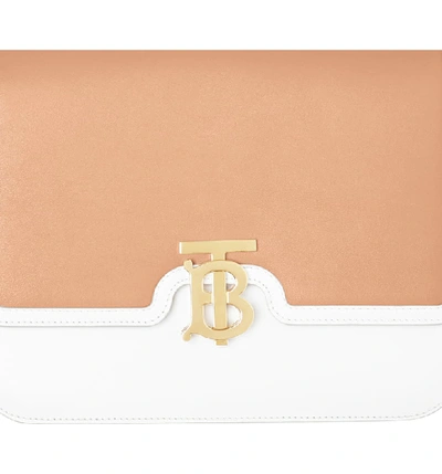 Shop Burberry Medium Two-tone Leather Tb Bag In Chalk White/ Light Camel