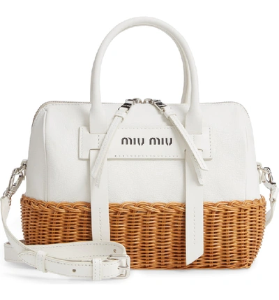 Shop Miu Miu Midollino Leather & Rattan Satchel - White In Bianco/ Miele
