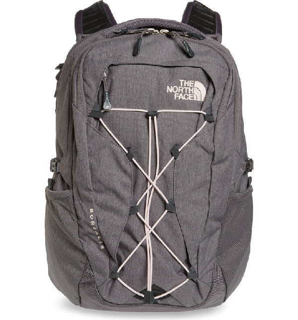 pink and white north face backpack