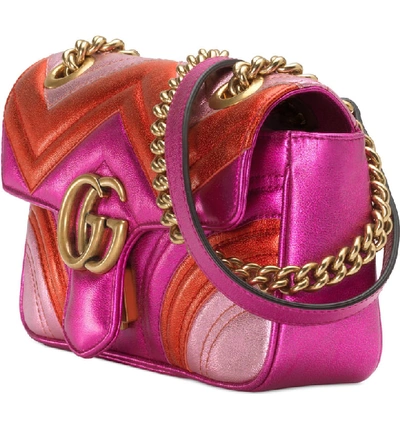 Shop Gucci Mini Marmont 2.0 Metallic Leather Shoulder Bag In Fuxia/ Rosso/ Rosa