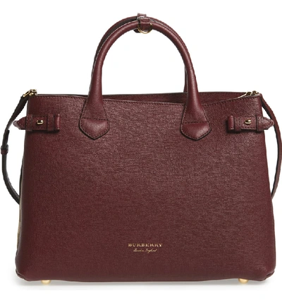 Shop Burberry Medium Banner House Check Leather Tote In Mahogony Red