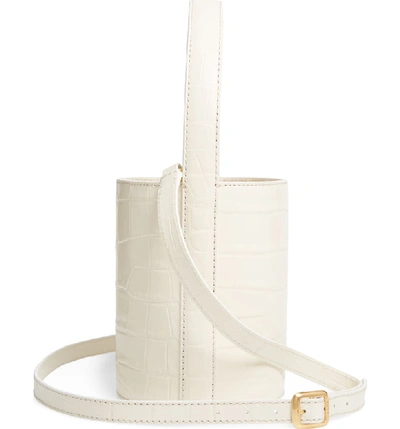 Shop Staud Bissett Croc Embossed Leather Bucket Bag In Cream