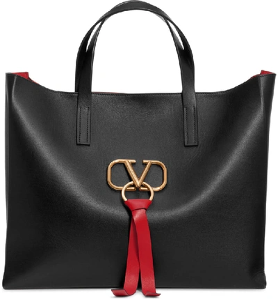 Shop Valentino V-ring Leather Tote In Nero/ Rouge Pur