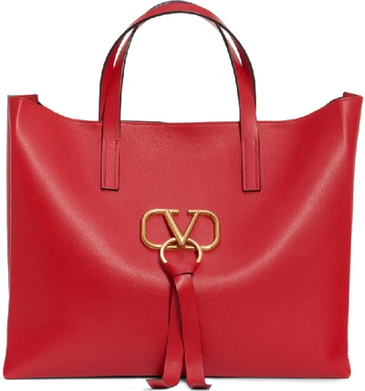 Shop Valentino V-ring Leather Tote In Rouge Pur/ Rouge Pur