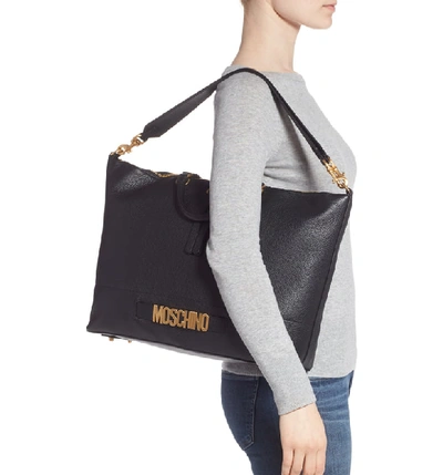 Shop Moschino Logo Pebbled Leather Tote In Black