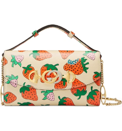Shop Gucci Ministrawberry Print Leather Crossbody Bag In Ivory/ Red