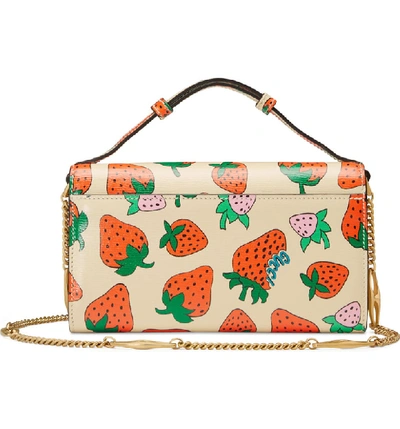 Shop Gucci Ministrawberry Print Leather Crossbody Bag In Ivory/ Red