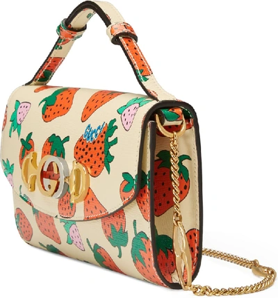 Shop Gucci Ministrawberry Print Leather Crossbody Bag In Ivory/ Red