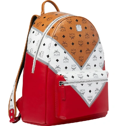 Shop Mcm Logo Visetos Colorblock Backpack - Brown In Cognac & Red