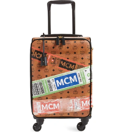 Shop Mcm Stark Flight Print Trolley Wheeled Suitcase - Brown In Cognac