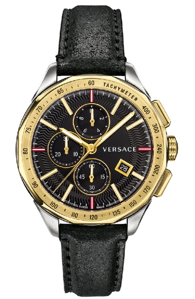 Shop Versace Glaze Chronograph Leather Strap Watch, 44mm In Black/ Gunmetal