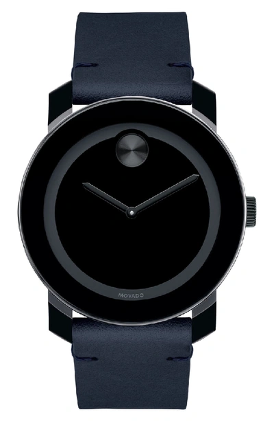 Shop Movado 'bold' Leather Strap Watch, 42mm In Navy/ Black