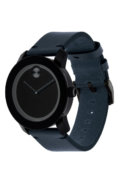 Shop Movado 'bold' Leather Strap Watch, 42mm In Navy/ Black